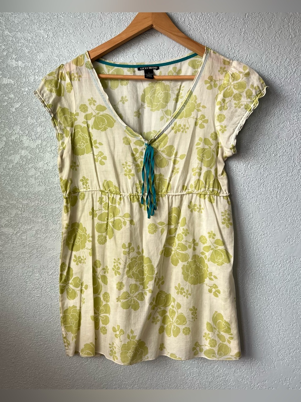 Lucky Brand Women’s Small Floral Cotton Tunic Top Green Cream Y2K Boho